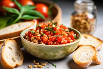 bruschetta half-submerged in a small bowl of pine nuts