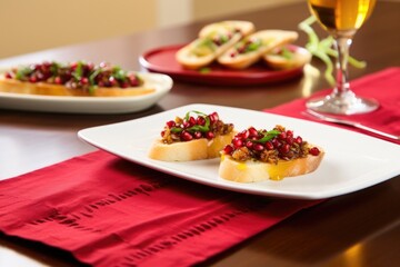 pomegranate bruschetta set against a yellow linen table runner