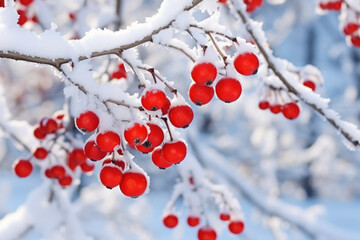 Winter scene of red fruits on tree branch. AI Generative - obrazy, fototapety, plakaty