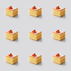 Seamless sweet Napoleon cake dessert food photo pattern on a solid color background with soft shadows