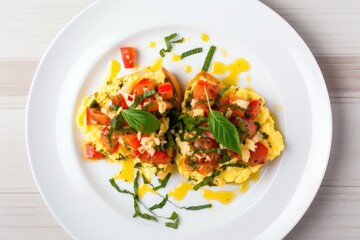 birds eye view of scrambled eggs bruschetta on a white plate