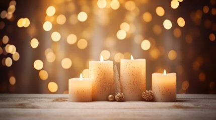 Obraz na płótnie Canvas christmas celebrate bokeh background shiny gold color decorating candle. AI Generative