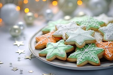 Yummy cookies wiht star shape on the Xmas table. Sweet holiday. Generative AI