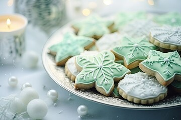 Obraz na płótnie Canvas Yummy cookies wiht star shape on the Xmas table. Sweet holiday. Generative AI
