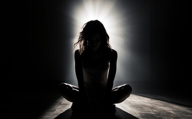 Silhouette picture of woman in despair - obrazy, fototapety, plakaty