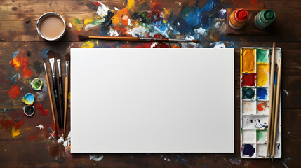 Artist's essentials on wooden table, top view