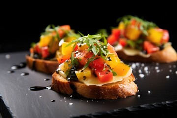 side-view of smoked gouda topped bruschetta on black slate