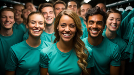 Portrait of Happy Community Group Members with Dark-Green Collarless T-shirts in Indoor Camp Setting. Close-up Group of Volunteers Wearing Vivid Green Color Screw-Neck T-shirts. Green Team Spirit. - obrazy, fototapety, plakaty