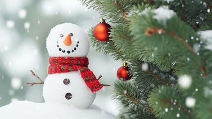 Happy decorated snowman in hat and scarf in winter snowy seasonal holiday. AI generated