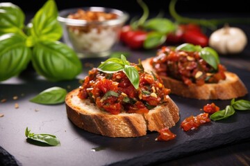 bruschetta with fresh basil and sun-dried tomatoes on slate board