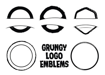 grungy round logo elements. Banners in black with distressed borders. Empty stamps with distorted edges for vintage and retro look. emblems set silhouette. 