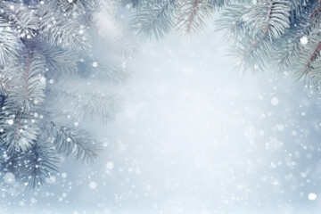 Fototapeta na wymiar Winter background with fir tree branches and snow, copy space. AI