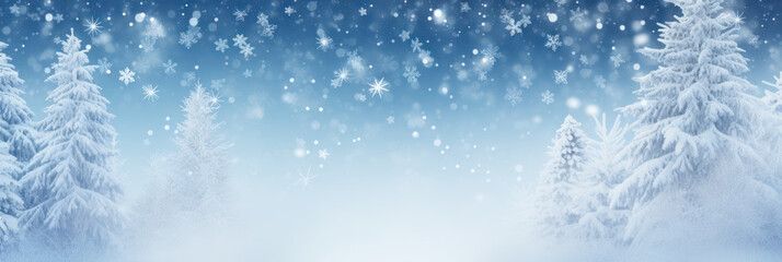 Winter panoramic banner background with snow-covered fir branches and snowfall flakes generative AI