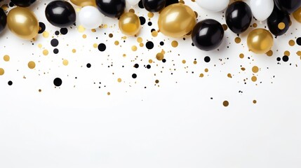 Elegant Gold Confetti and Balloon Border on White Background