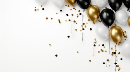 Elegant Gold Confetti and Balloon Border on White Background