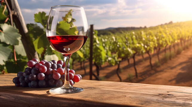 Glass of red wine with grapes on table in vineyard during warm summer