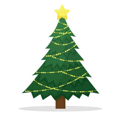 Christmas tree decorated with star and lights. Merry Christmas and Happy New Year. Flat style vector illustration.