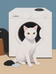 Adorable cat Illustration Art comic style standing next to the washing machine