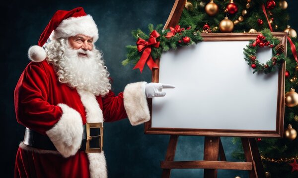 Smiling Santa Claus pointing on blank advertisement banner background with copy space, Generative AI