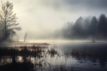 Fog over the lake. Beautiful landscape