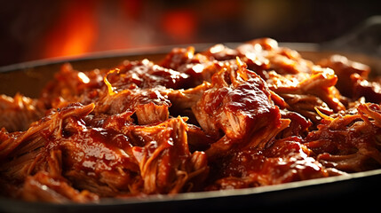Pieces of pulled beef pork meat with barbeque sauce - obrazy, fototapety, plakaty