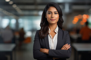 A self-assured Indian businesswoman, adorned in an elegant suit, graces a contemporary office space with her radiant smile. - obrazy, fototapety, plakaty