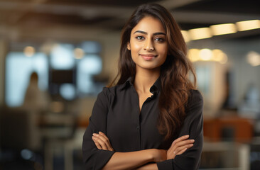 A self-assured Indian businesswoman, adorned in an elegant suit, graces a contemporary office space with her radiant smile.