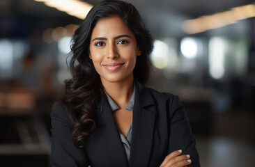 Fototapeta premium A self-assured Indian businesswoman, adorned in an elegant suit, graces a contemporary office space with her radiant smile.