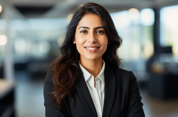 A self-assured Indian businesswoman, adorned in an elegant suit, graces a contemporary office space with her radiant smile. - obrazy, fototapety, plakaty