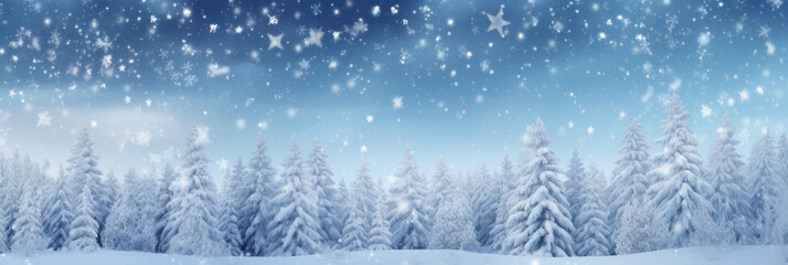 Fototapeta na wymiar Winter panoramic banner background with snow-covered fir branches and snowfall flakes generative AI