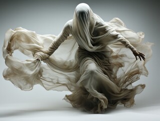 3d rendering of a shawl isolated on gray studio background. A ghost dressed in a white sheet poses in the studio.

