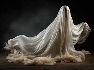 3d rendering of a shawl isolated on gray studio background. A ghost dressed in a white sheet poses in the studio. 

