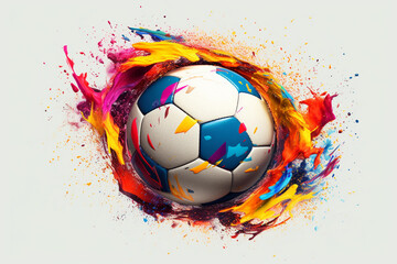 A vibrant image of a soccer ball splashed with colorful paint, capturing the dynamic energy and excitement of the sport.
