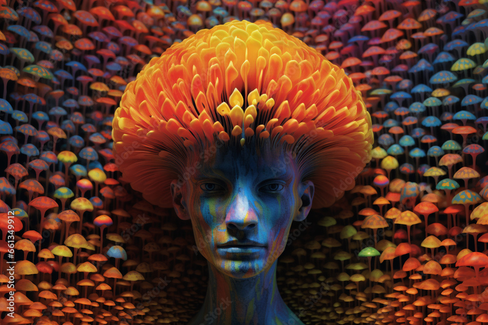 Aufkleber An abstract depiction of a mushroom-based human head, with the mushrooms arranged in an orderly pattern to form. 