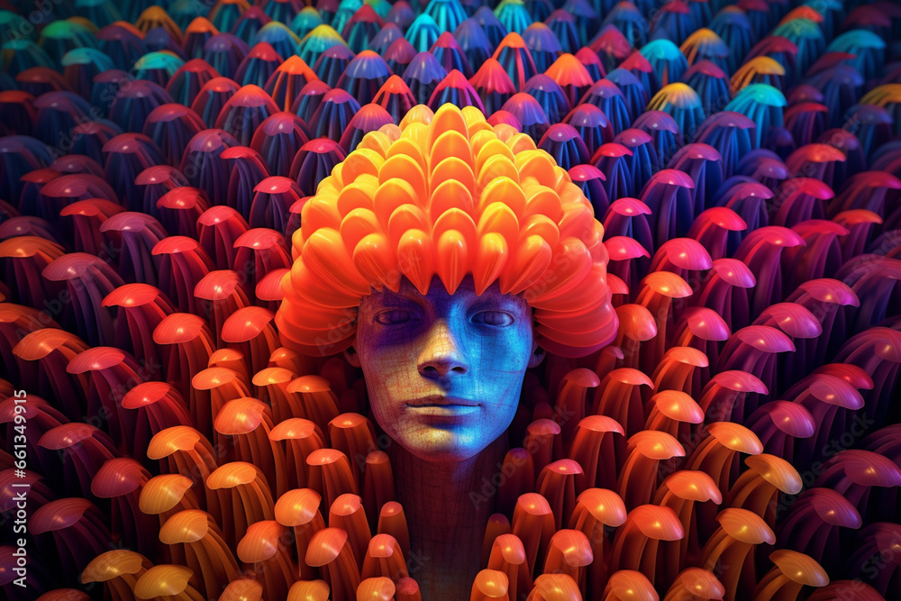 Fototapete an abstract depiction of a mushroom-based human head, with the mushrooms arranged in an orderly patt