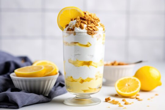 lemon-infused greek yogurt parfait with oat flakes