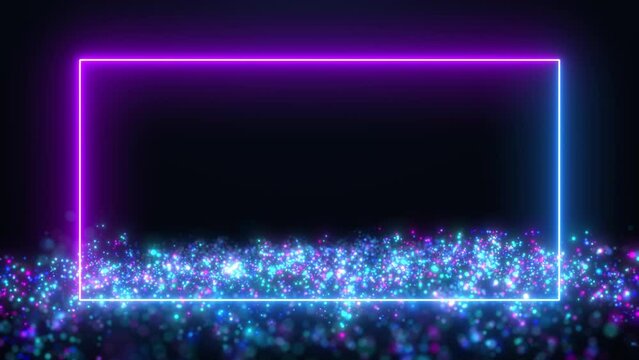 Abstract neon glowing frame and movement of digital particles with wave energy, stage for product presentation, neon lights rectangle, Seamless loop