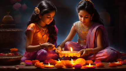 Indian little girls sitting surrounded by Diwali Clay Diya lamps candles lit during Dipavali, Hindu festival of lights celebration - obrazy, fototapety, plakaty