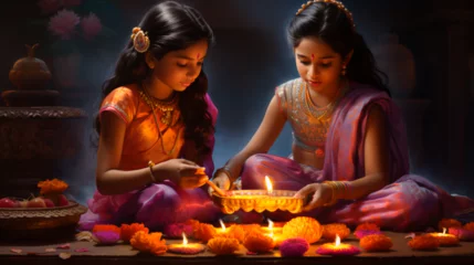 Foto op Aluminium Indian little girls sitting surrounded by Diwali Clay Diya lamps candles lit during Dipavali, Hindu festival of lights celebration © Katarzyna