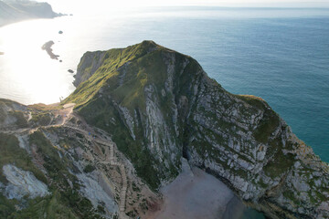 Most Beautiful High Angle Footage of British Landscape and Sea View of Durdle Door Beach of England...
