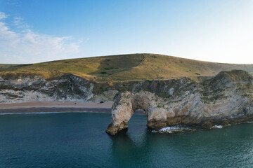 Most Beautiful High Angle Footage of British Landscape and Sea View of Durdle Door Beach of England...
