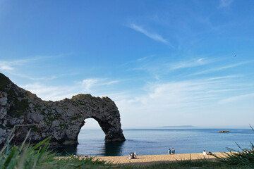 Most Beautiful High Angle Footage of British Landscape and Sea View of Durdle Door Beach of England...