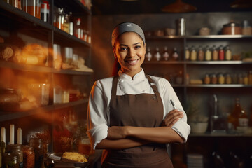 Young and confident female chef in uniform.