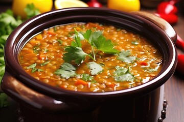 a vibrant lentil soup garnished with fresh parsley, close up