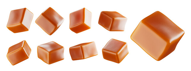 Set of delicious caramel candies. Isolated on background. Clipping path. 3d illustration - obrazy, fototapety, plakaty