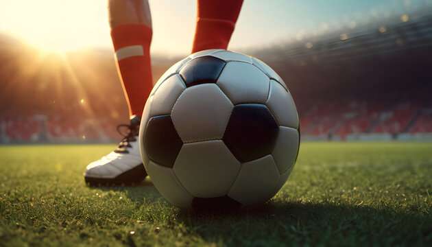 An athlete competing in soccer, kicking soccer ball on field.