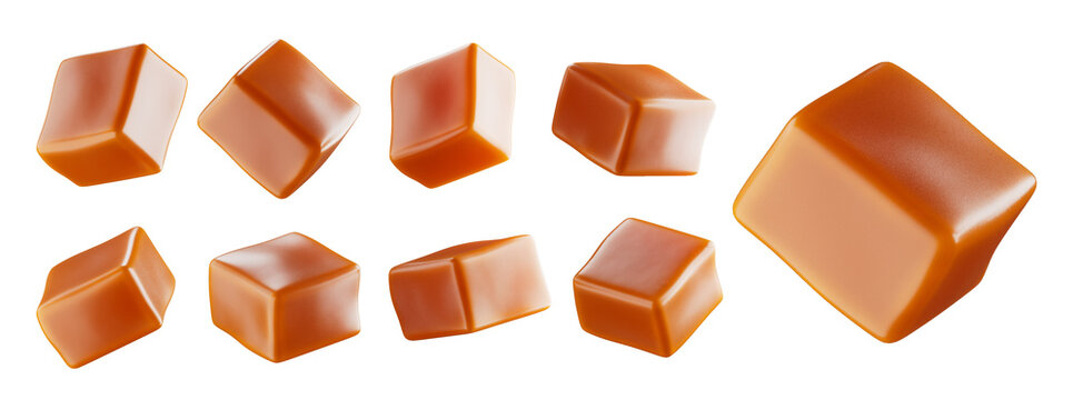 Set of delicious caramel candies. Isolated on background. Clipping path. 3d illustration