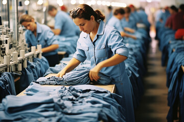 Workers in a denim factory handling large rolls of fabric, giving insight into the production process of jeans - obrazy, fototapety, plakaty