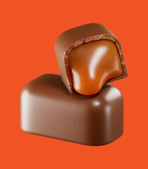 Chocolate bar with caramel filling. Isolated on background. 3d illustration.