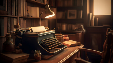 Classic Typewriter on a Wooden Desk Surrounded by Books, Vintage Lamp, and Antique Decor in a Cozy Home Library - obrazy, fototapety, plakaty